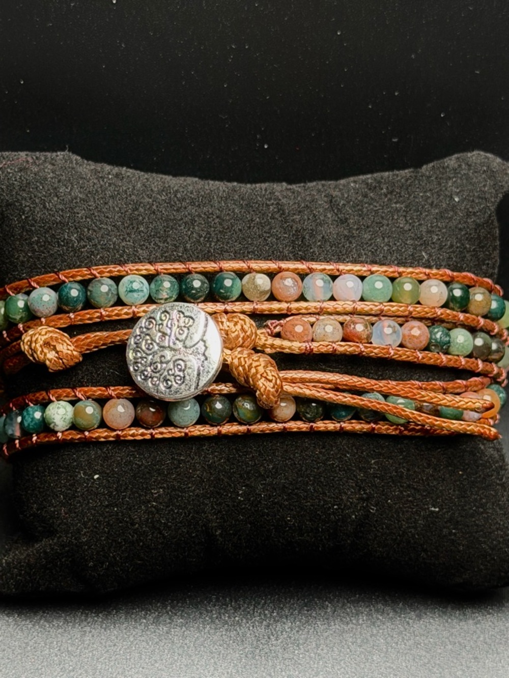 Multi-Strand Natural Stone Wrap Bracelet Green/ Brown/Cream, Tree of Life Button